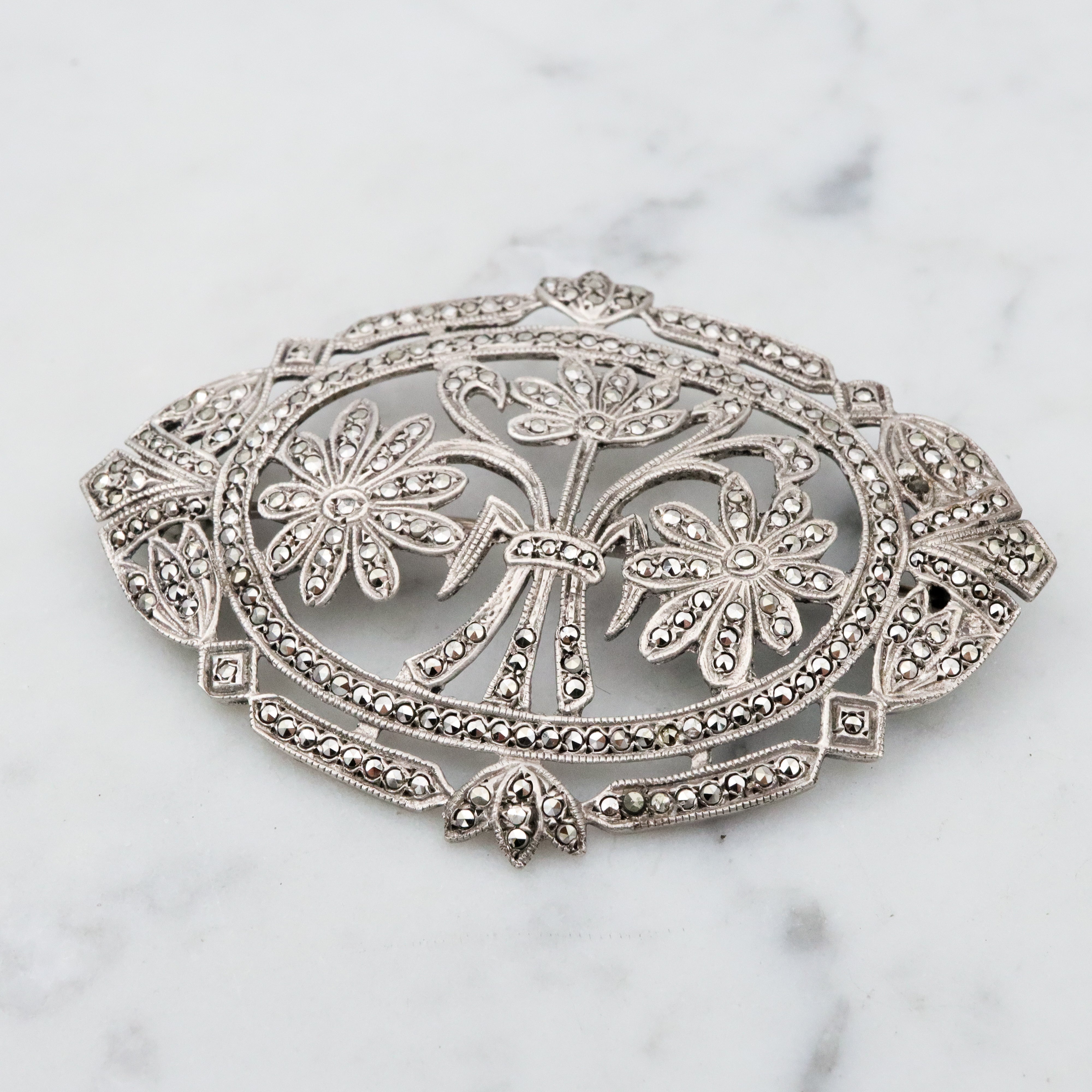 Large Antique Art Deco sterling marcasite floral brooch
